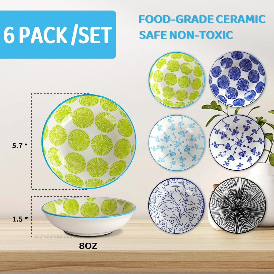 Shallow Ceramic Cat Bowl – Bohemian Style – 6 Pack Whisker Fatigue Prevention Wide Shallow Non-Slip Food-Grade Safe Bowls for Wet & Dry Food, Water Feeding Station– KittyDine.