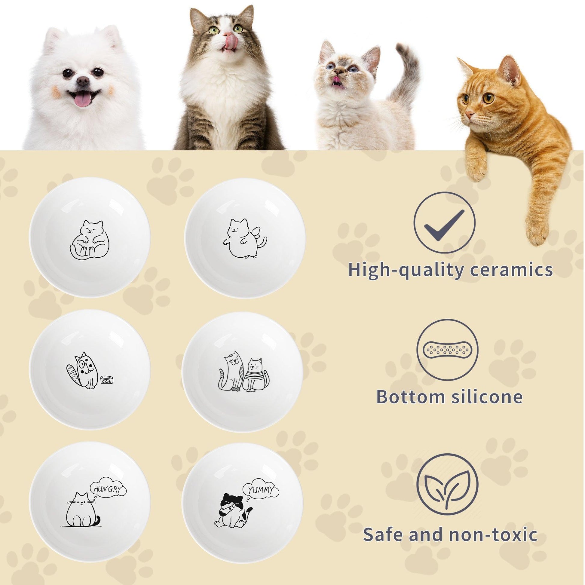 6 PCS Ceramic Cat Bowls – Shallow Anti-Whisker, Non-Slip Cat Food Dishes | KittyDine.