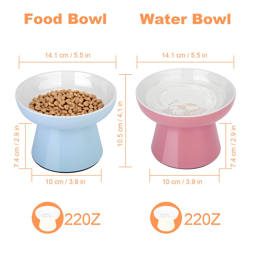 Elevated Cat Bowls,2 Pcs Ceramic Raised Cat Food Bowls with Non-Slip Base,Whisker-Friendly Shallow Design,Lead & Cadmium Free Pet Feeder,Dishwasher and Microwave Safe (Pink&Blue)