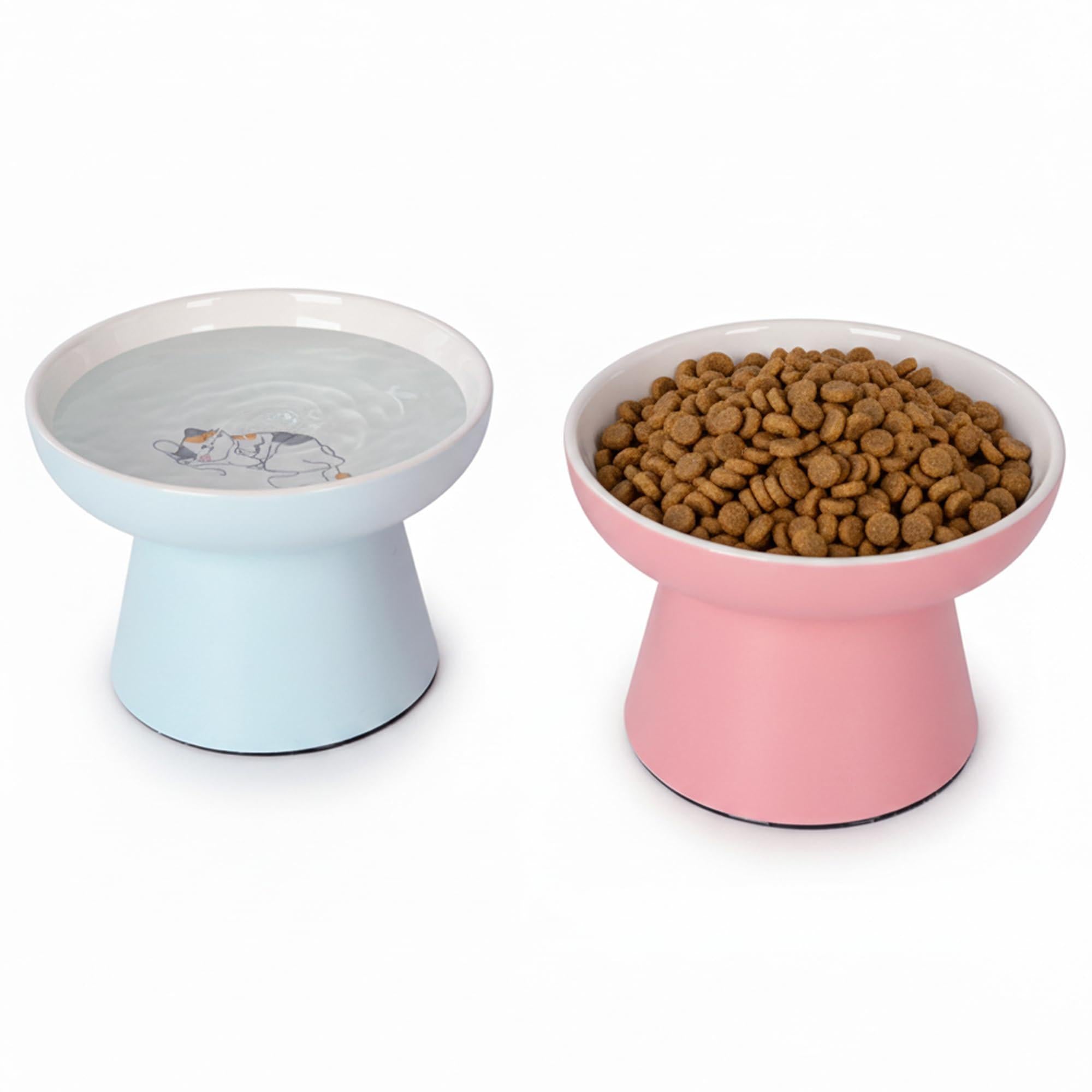 2 Pack Elevated Ceramic Cat Food Bowls – Whisker Friendly, Non-Slip, Anti-Vomiting | KittyDine.