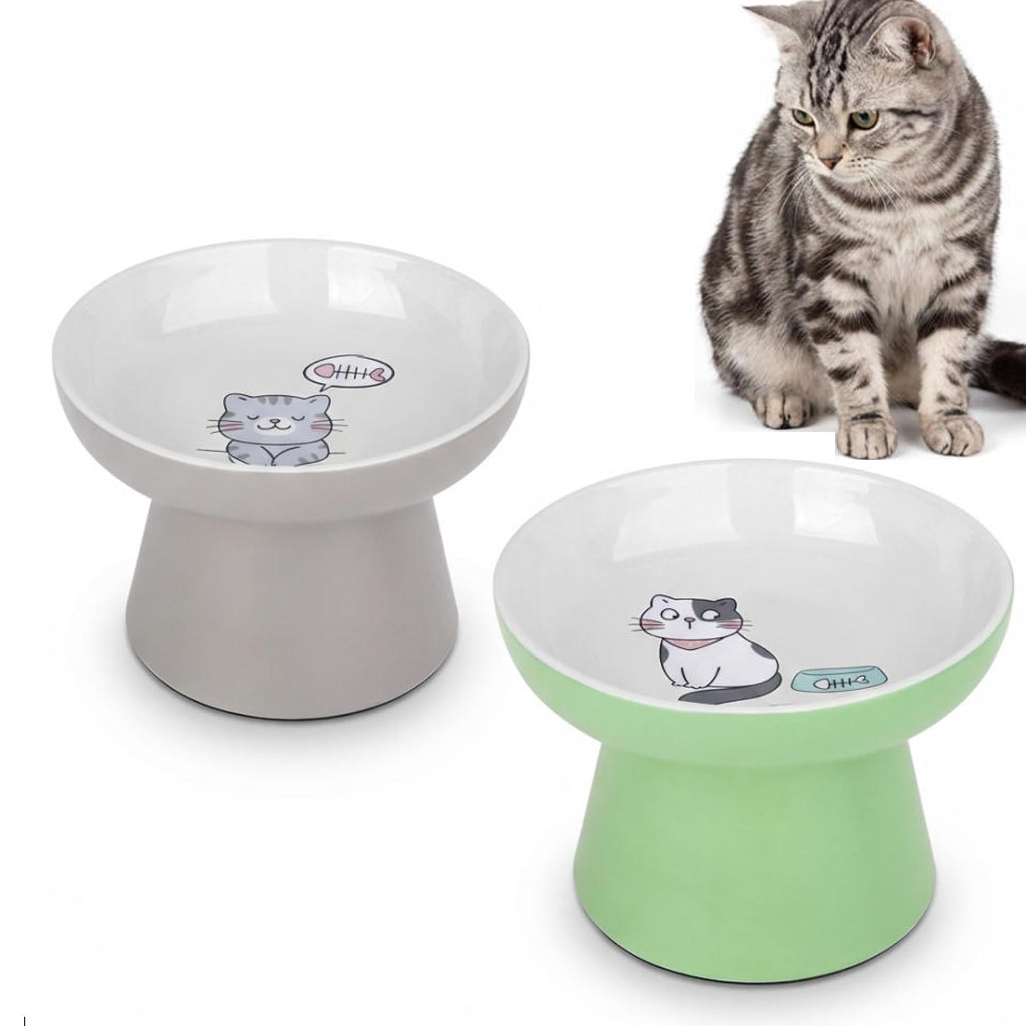 2 Pack Elevated Ceramic Cat Food Bowls – Whisker Friendly, Non-Slip, Anti-Vomiting | KittyDine.