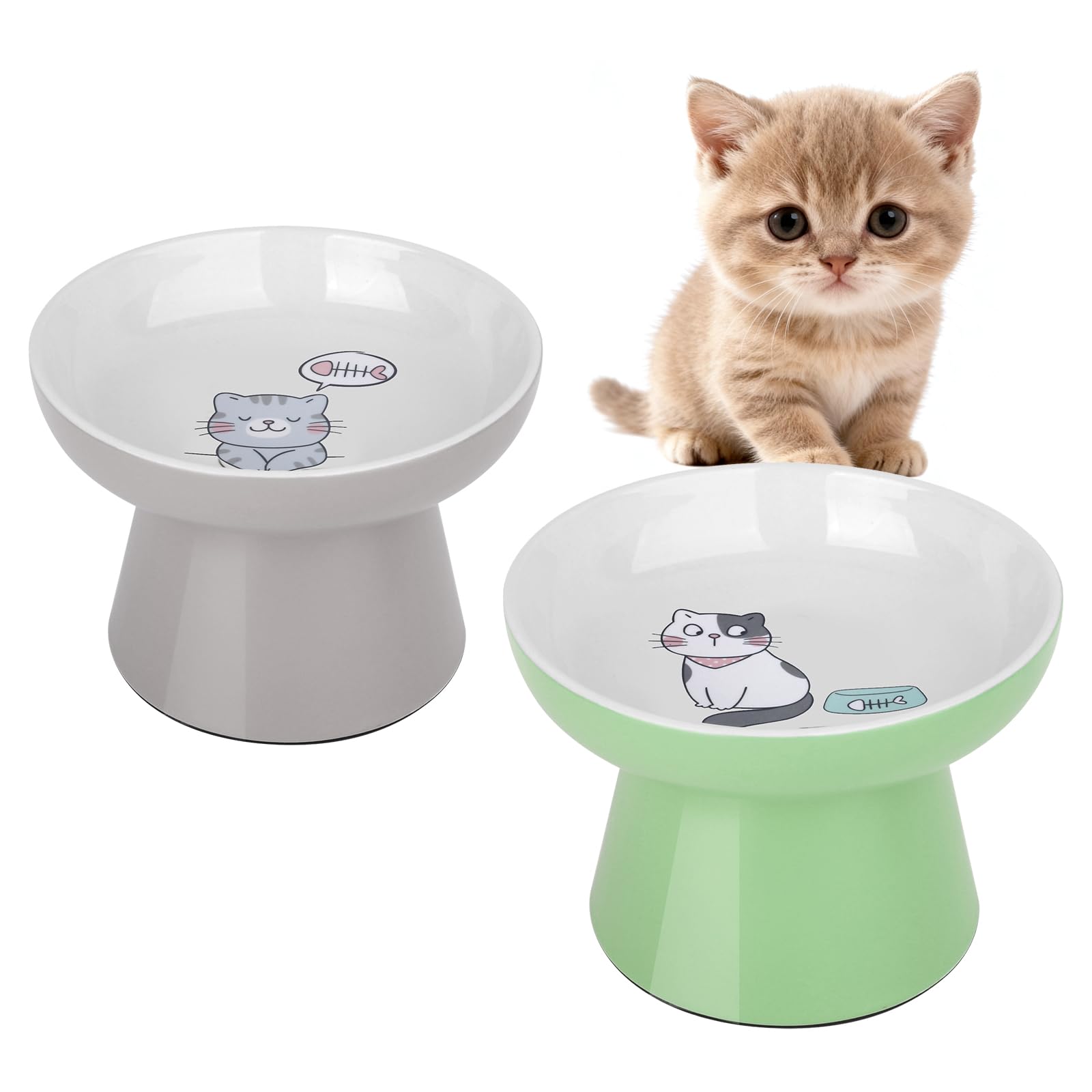 Elevated Cat Bowls,2 Pcs Ceramic Raised Cat Food Bowls with Non-Slip Base,Whisker-Friendly Shallow Design,Lead & Cadmium Free Pet Feeder,Dishwasher and Microwave Safe (Pink&Blue)