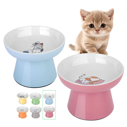 Elevated Cat Bowls,2 Pcs Ceramic Raised Cat Food Bowls with Non-Slip Base,Whisker-Friendly Shallow Design,Lead & Cadmium Free Pet Feeder,Dishwasher and Microwave Safe (Pink&Blue)