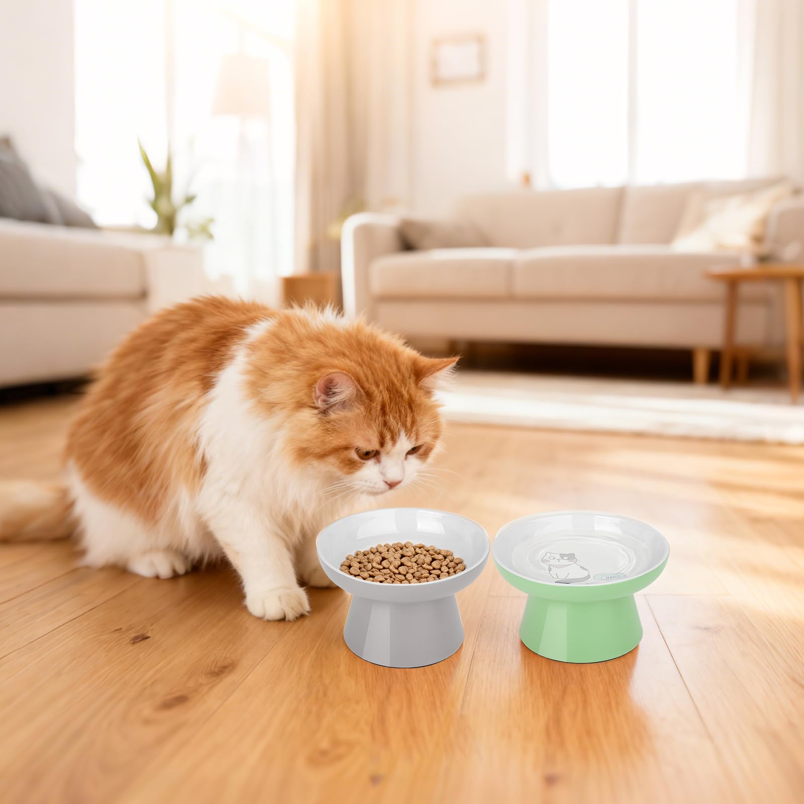 Elevated Cat Bowls,2 Pcs Ceramic Raised Cat Food Bowls with Non-Slip Base,Whisker-Friendly Shallow Design,Lead & Cadmium Free Pet Feeder,Dishwasher and Microwave Safe (Pink&Blue)