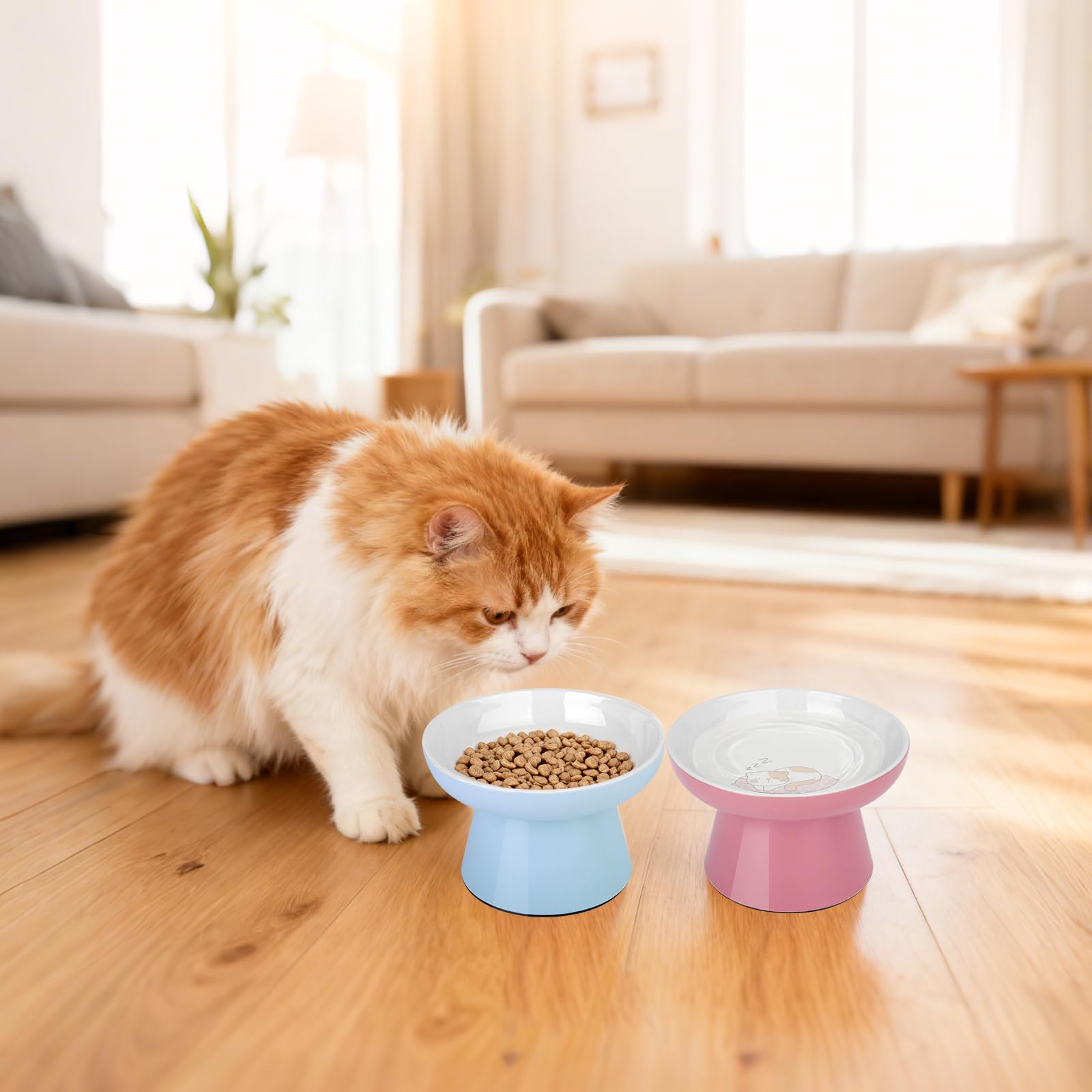 Elevated Cat Bowls,2 Pcs Ceramic Raised Cat Food Bowls with Non-Slip Base,Whisker-Friendly Shallow Design,Lead & Cadmium Free Pet Feeder,Dishwasher and Microwave Safe (Pink&Blue)
