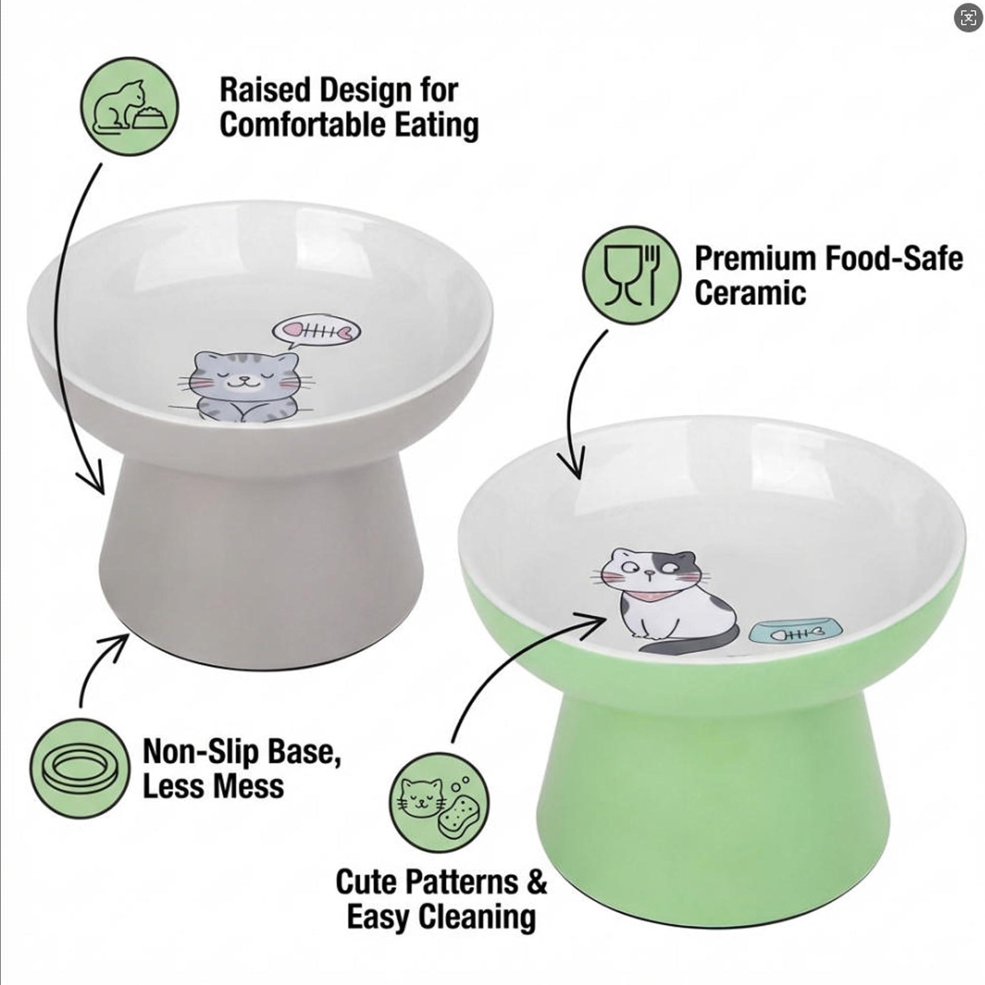 2 Pack Elevated Ceramic Cat Food Bowls – Whisker Friendly, Non-Slip, Anti-Vomiting | KittyDine.