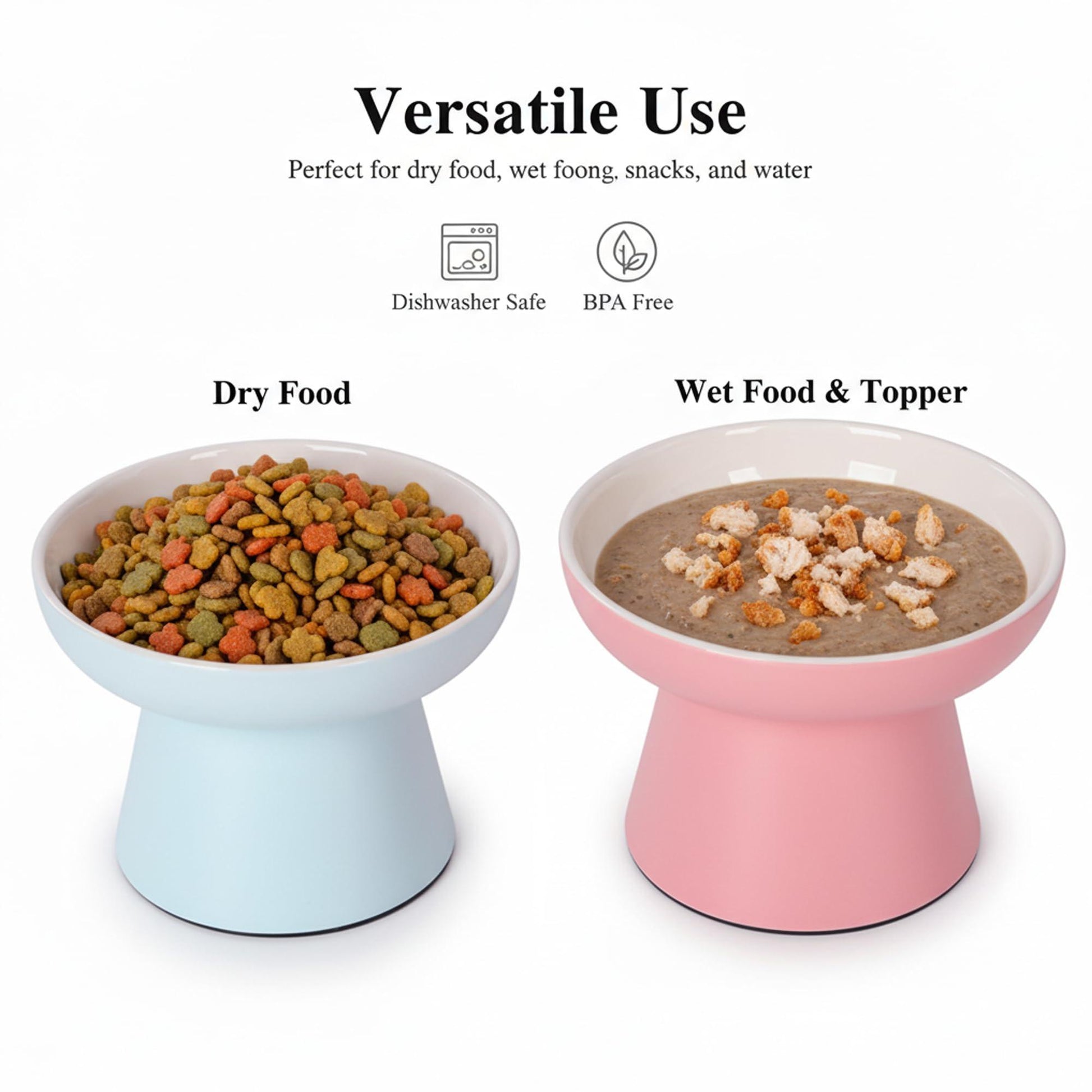 2 Pack Elevated Ceramic Cat Food Bowls – Whisker Friendly, Non-Slip, Anti-Vomiting | KittyDine.