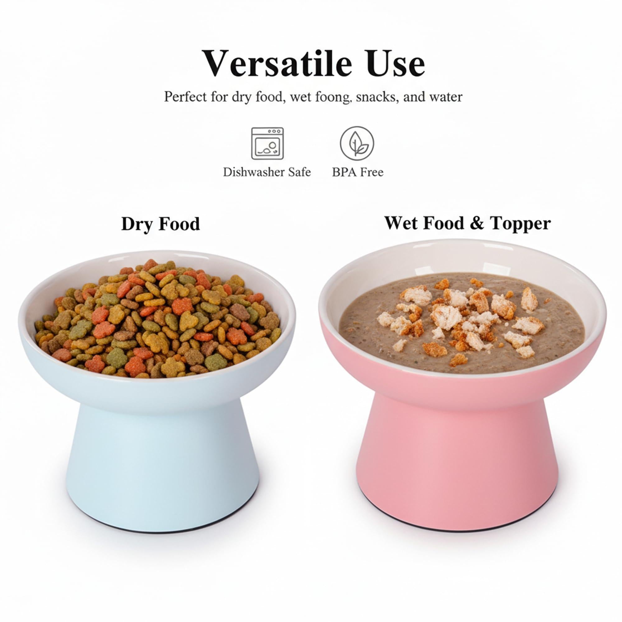 2 Pack Elevated Ceramic Cat Food Bowls – Whisker Friendly, Non-Slip, Anti-Vomiting | KittyDine.