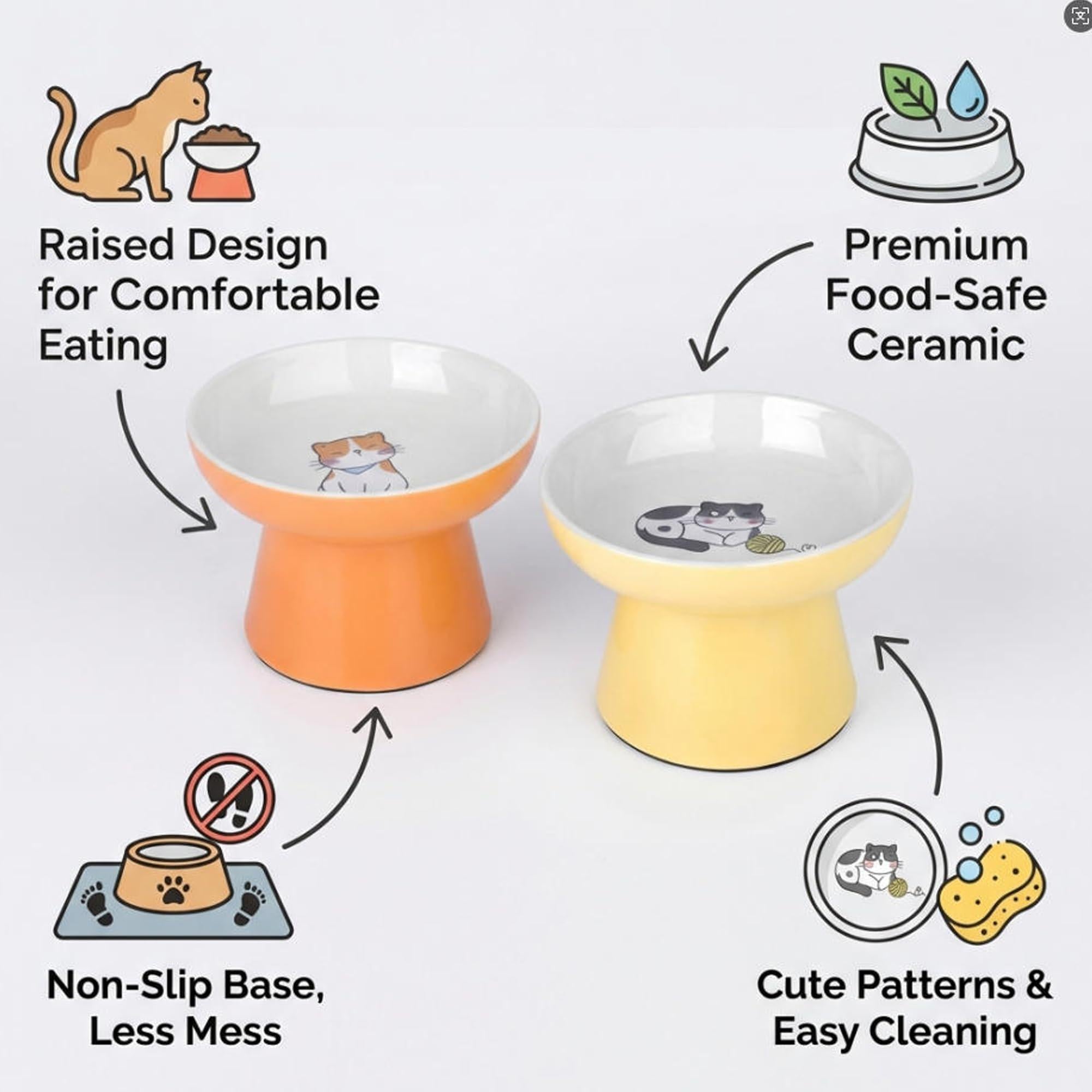 2 Pack Elevated Ceramic Cat Food Bowls – Whisker Friendly, Non-Slip, Anti-Vomiting | KittyDine.