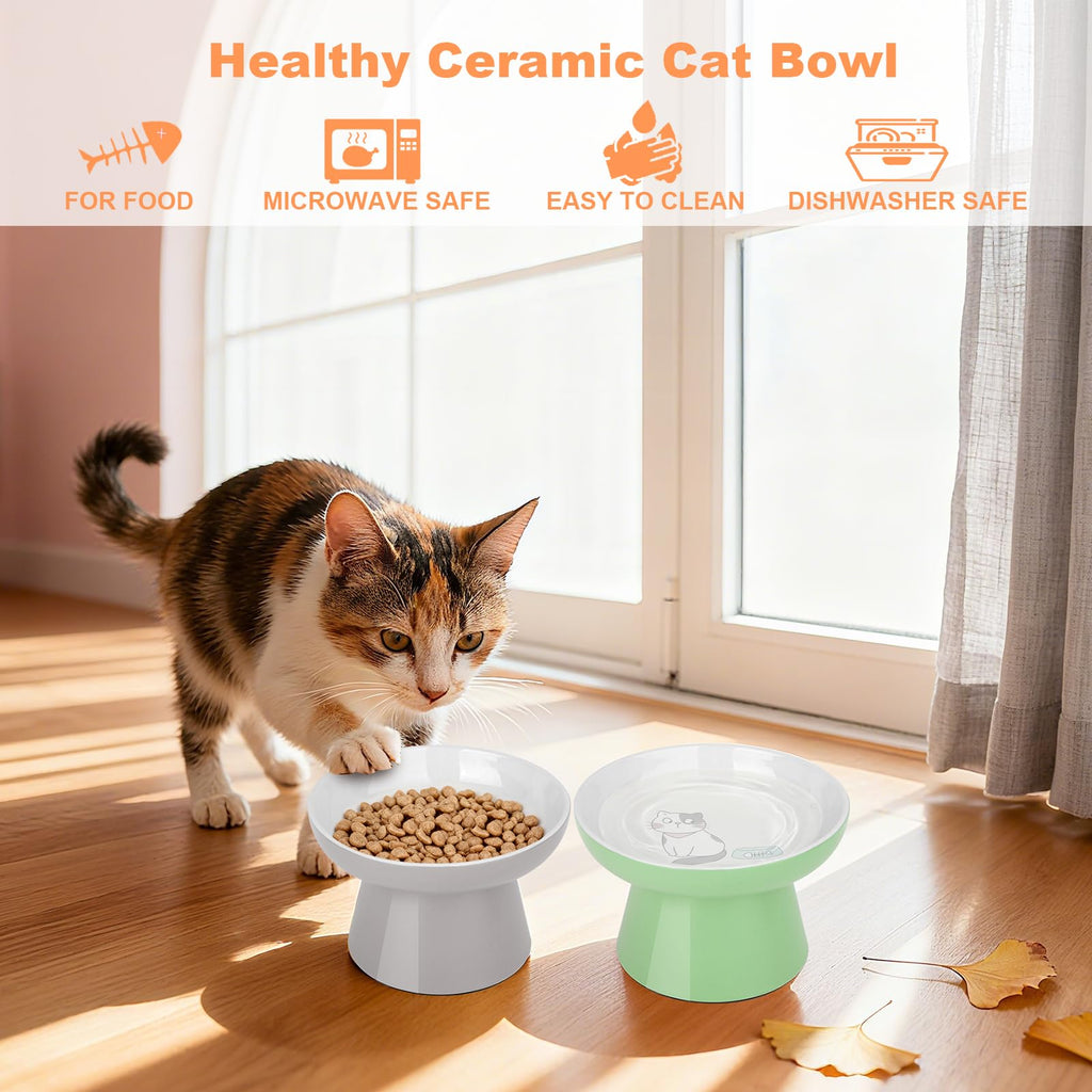 Elevated Cat Bowls,2 Pcs Ceramic Raised Cat Food Bowls with Non-Slip Base,Whisker-Friendly Shallow Design,Lead & Cadmium Free Pet Feeder,Dishwasher and Microwave Safe (Pink&Blue)