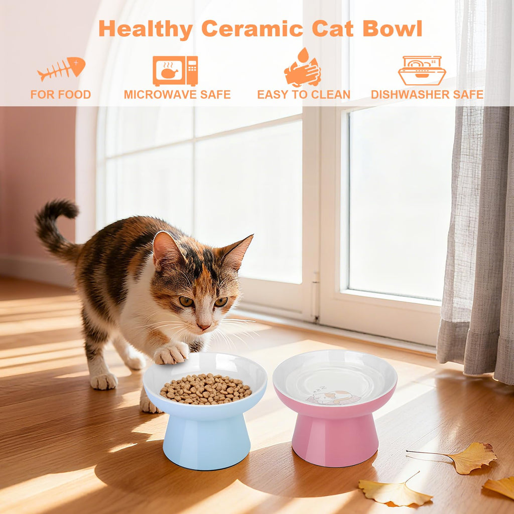 Elevated Cat Bowls,2 Pcs Ceramic Raised Cat Food Bowls with Non-Slip Base,Whisker-Friendly Shallow Design,Lead & Cadmium Free Pet Feeder,Dishwasher and Microwave Safe (Pink&Blue)