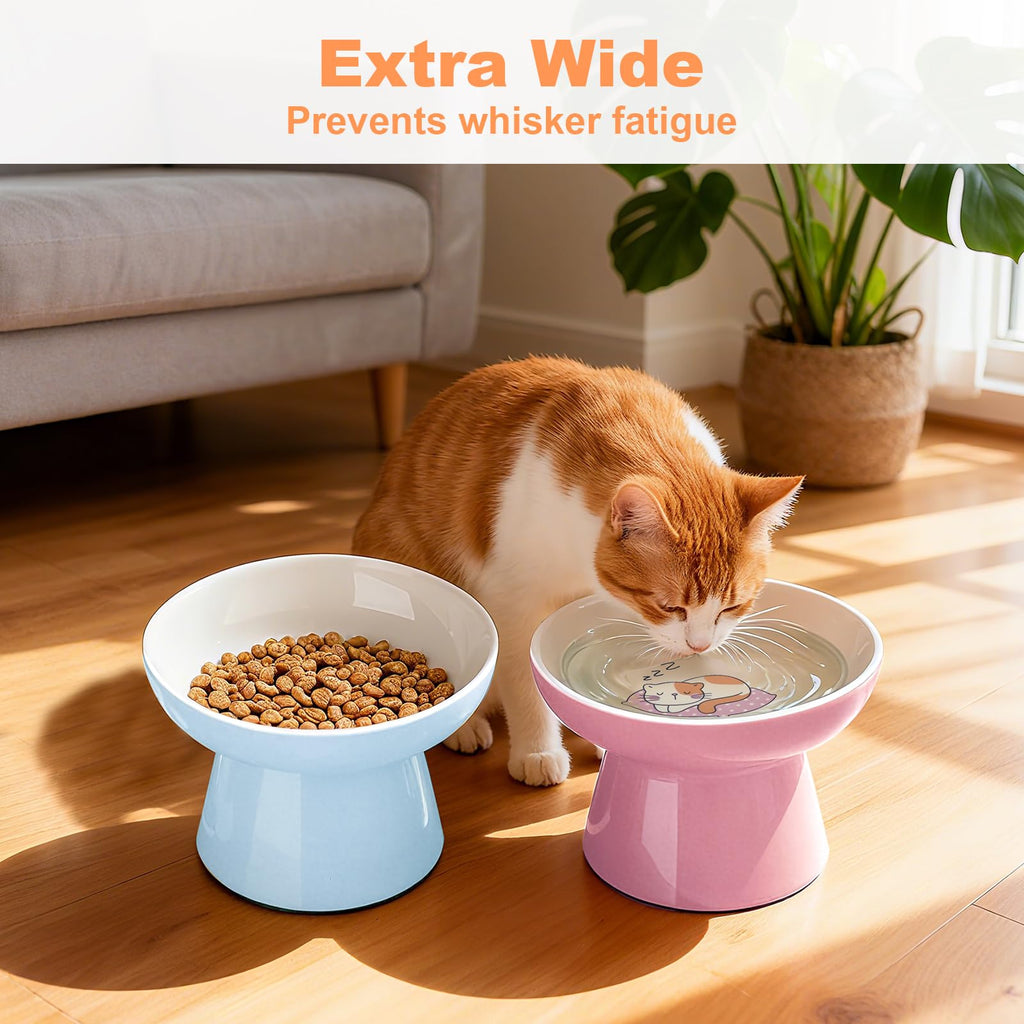 Elevated Cat Bowls,2 Pcs Ceramic Raised Cat Food Bowls with Non-Slip Base,Whisker-Friendly Shallow Design,Lead & Cadmium Free Pet Feeder,Dishwasher and Microwave Safe (Pink&Blue)
