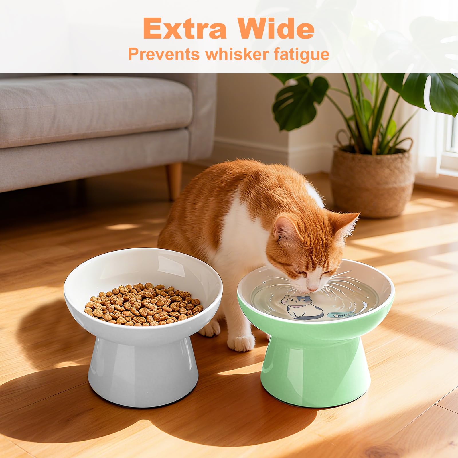 Elevated Cat Bowls,2 Pcs Ceramic Raised Cat Food Bowls with Non-Slip Base,Whisker-Friendly Shallow Design,Lead & Cadmium Free Pet Feeder,Dishwasher and Microwave Safe (Pink&Blue)