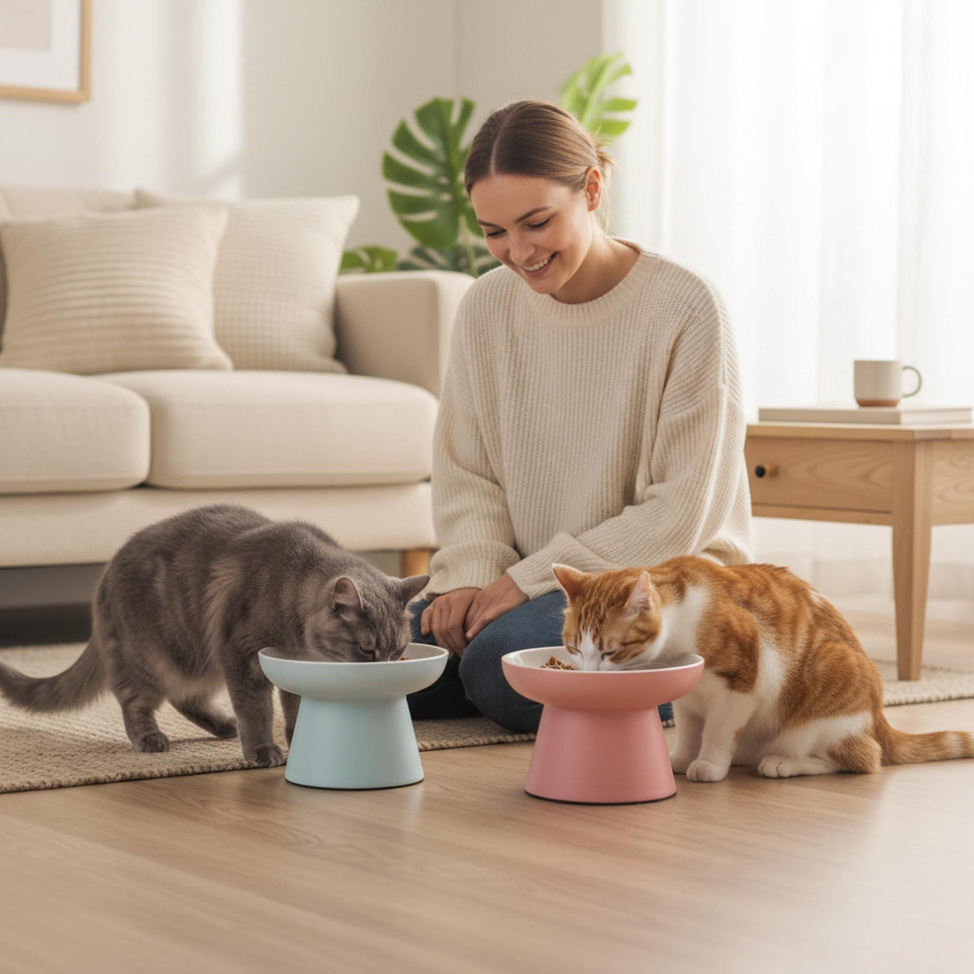 2 Pack Elevated Ceramic Cat Food Bowls – Whisker Friendly, Non-Slip, Anti-Vomiting | KittyDine.