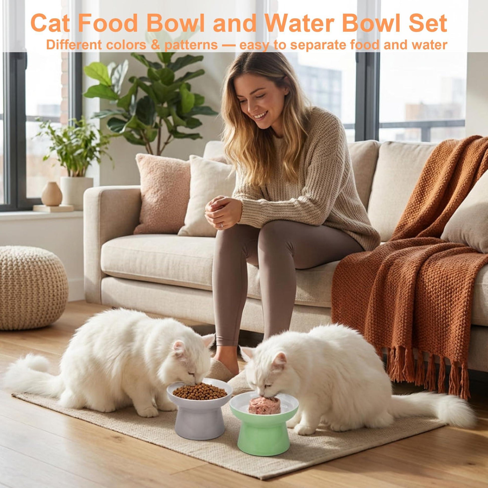 2 Pack Elevated Ceramic Cat Food Bowls – Whisker Friendly, Non-Slip, Anti-Vomiting | KittyDine.