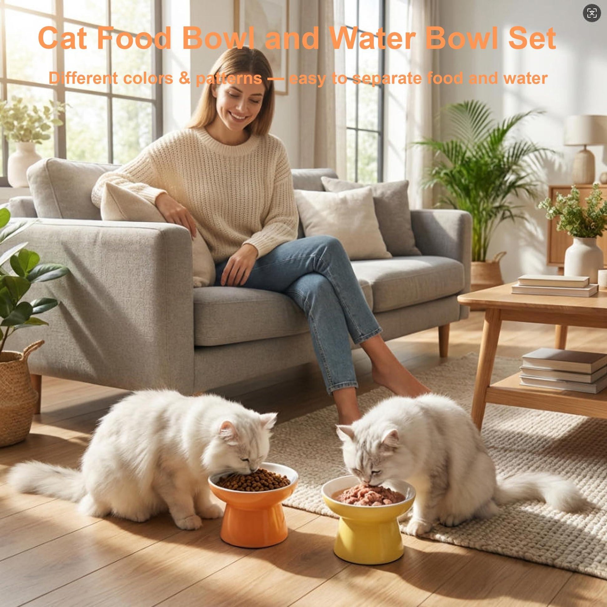 2 Pack Elevated Ceramic Cat Food Bowls – Whisker Friendly, Non-Slip, Anti-Vomiting | KittyDine.