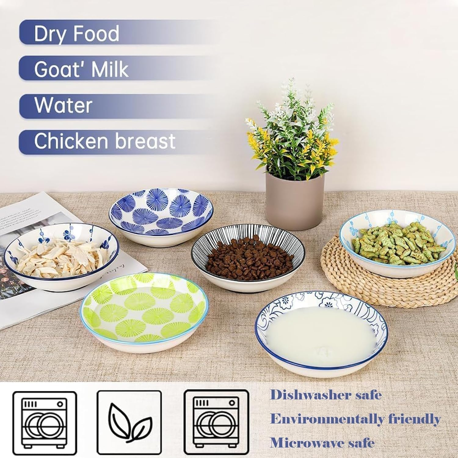 Shallow Ceramic Cat Bowl – Bohemian Style – 6 Pack Whisker Fatigue Prevention Wide Shallow Non-Slip Food-Grade Safe Bowls for Wet & Dry Food, Water Feeding Station– KittyDine.