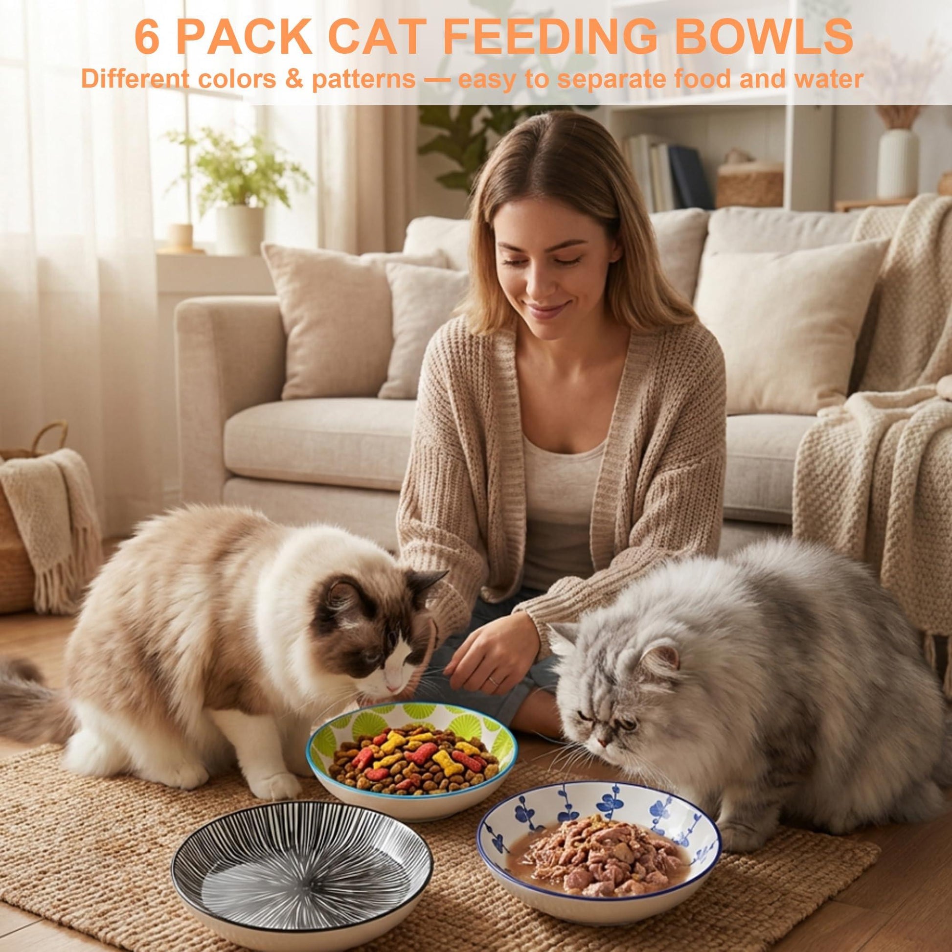 6PCS Ceramic Cat Food Bowls – Whisker Friendly, Non-Slip, Wide Shallow 5.75" | KittyDine.