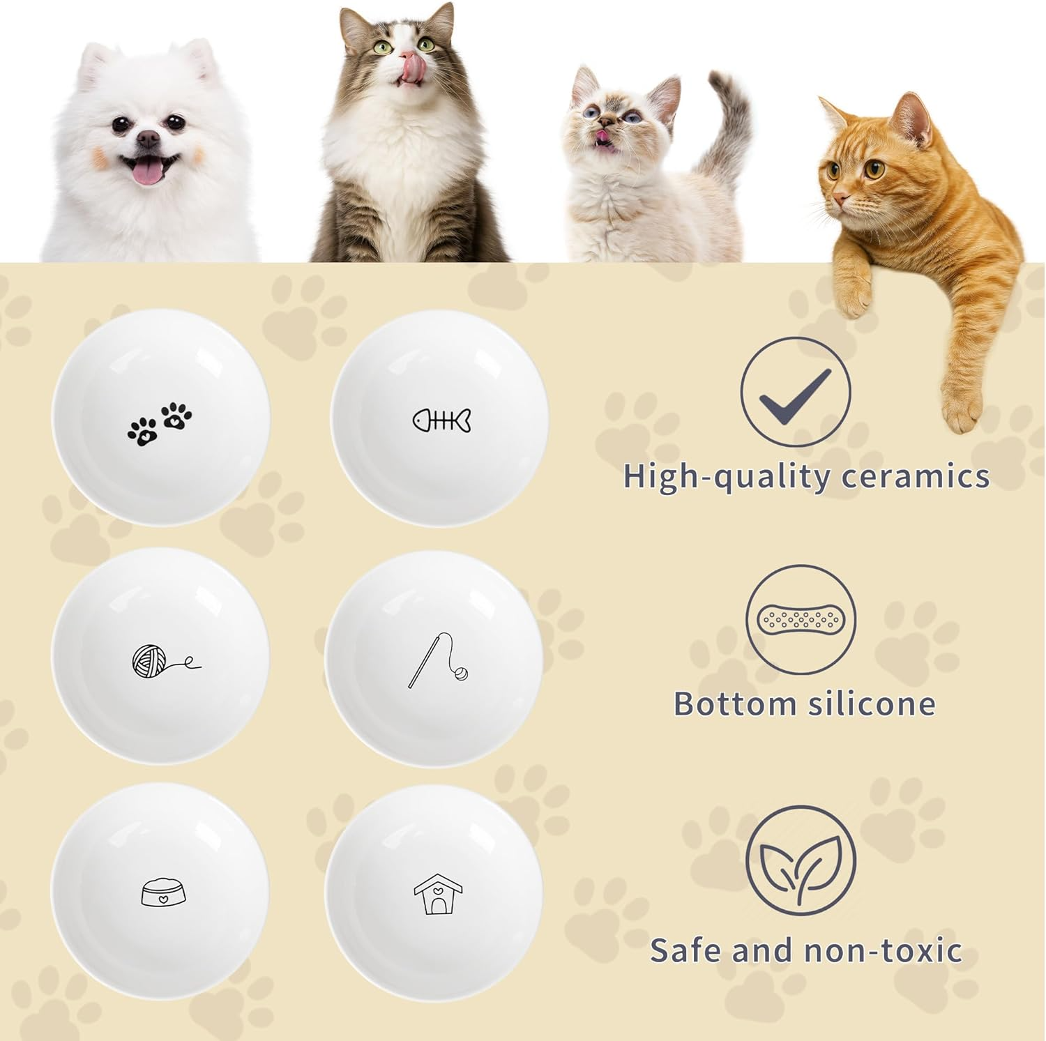 6 PCS Ceramic Cat Bowls – Shallow Anti-Whisker, Non-Slip Cat Food Dishes | KittyDine.