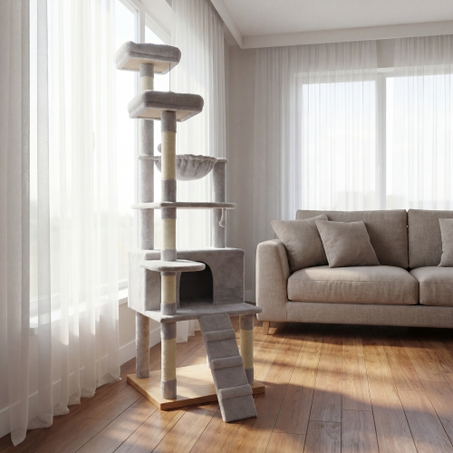 Sturdy cat tower with reinforced base and anti-toppling strap for safety.