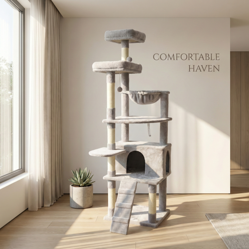 Easy-to-assemble KittyDine cat tree featuring labeled parts and simple instructions.