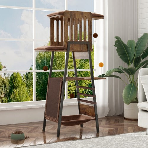 58" Heavy-Duty Modern Cat Tree — Large Perch & Metal Frame | KittyDine