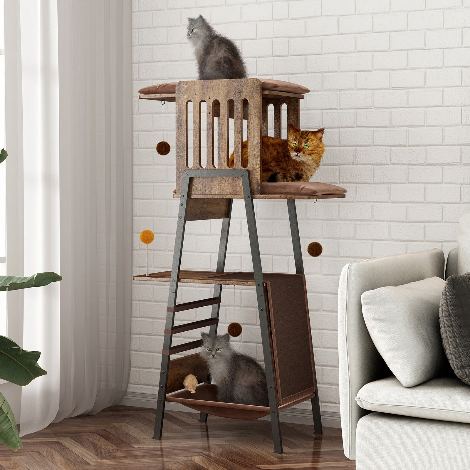 58" Heavy-Duty Modern Cat Tree — Large Perch & Metal Frame | KittyDine
