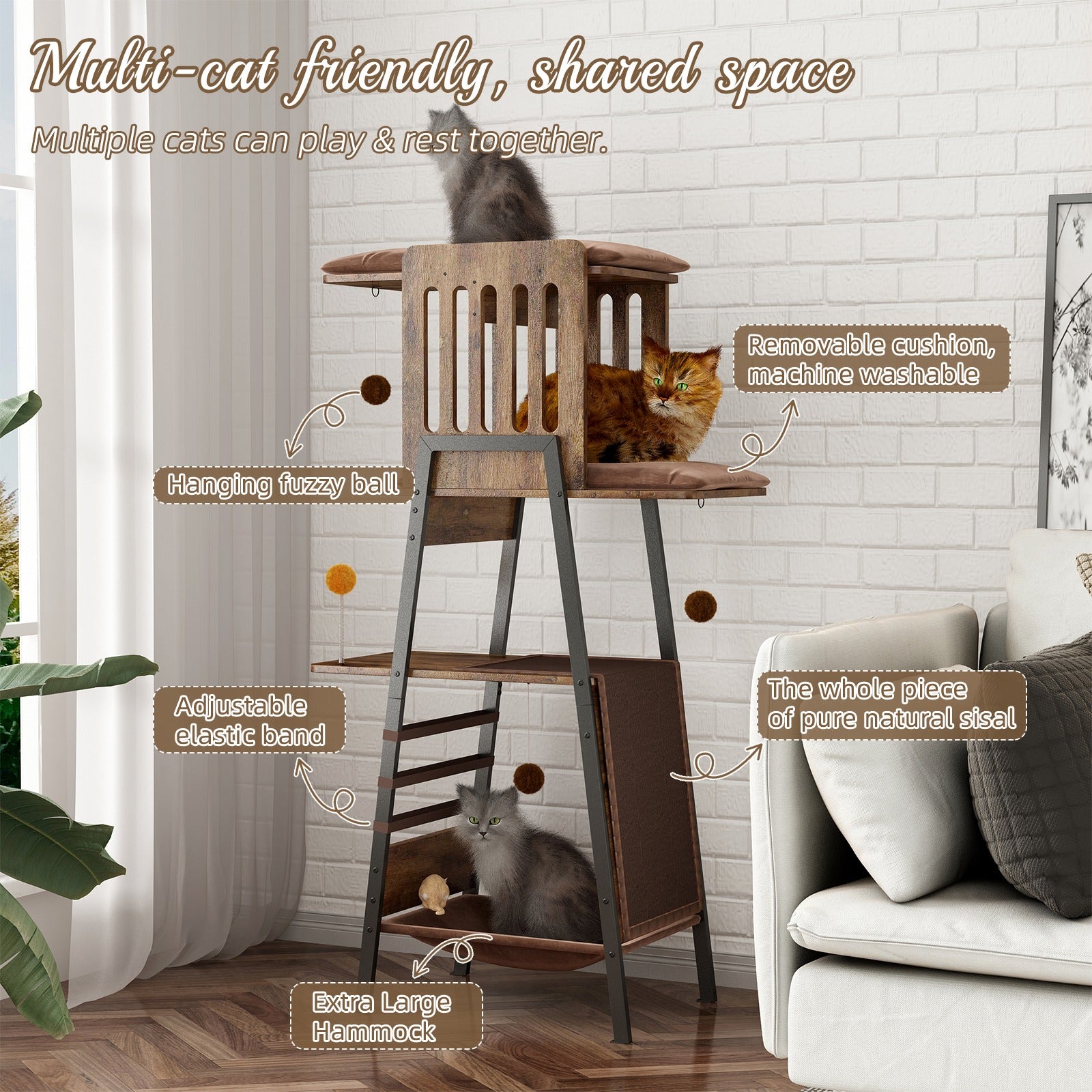 58" Heavy-Duty Modern Cat Tree — Large Perch & Metal Frame | KittyDine