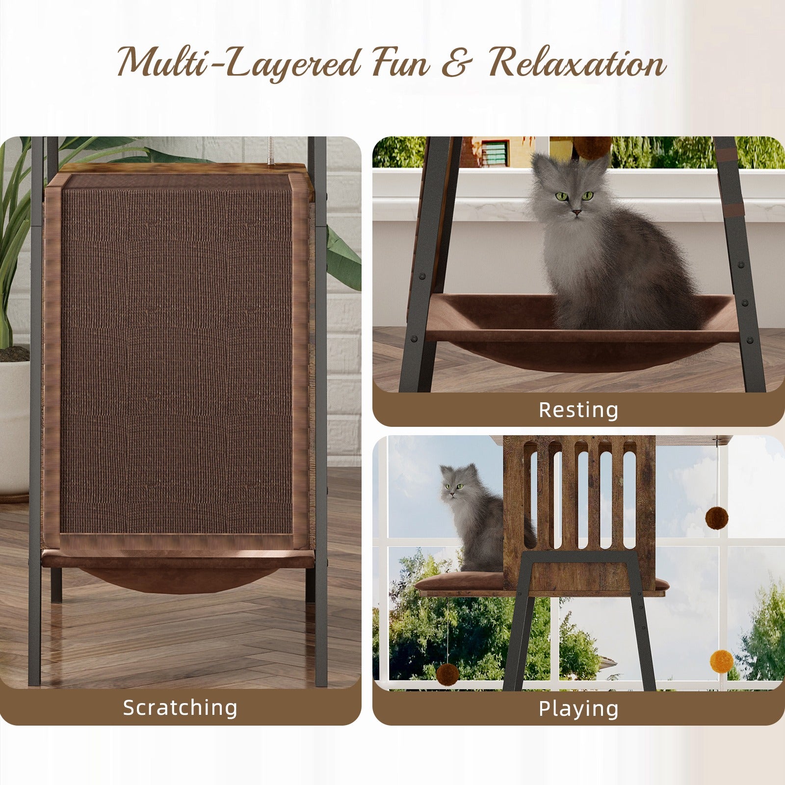 58" Heavy-Duty Modern Cat Tree — Large Perch & Metal Frame | KittyDine