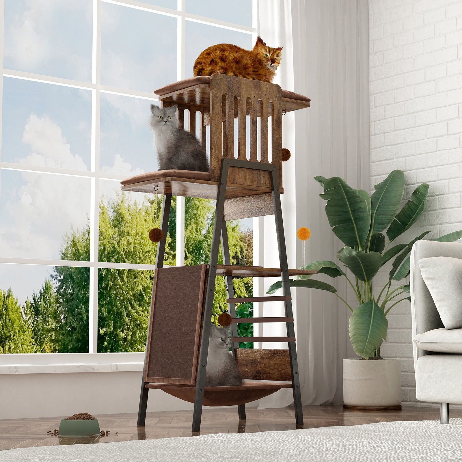 58" Heavy-Duty Modern Cat Tree — Large Perch & Metal Frame | KittyDine