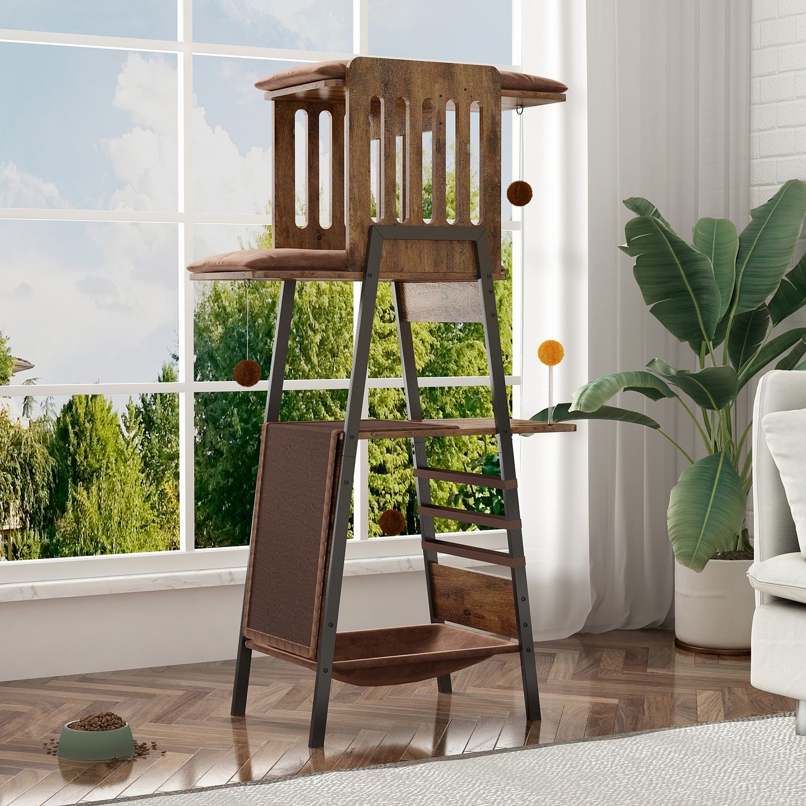 58" Heavy-Duty Modern Cat Tree — Large Perch & Metal Frame | KittyDine