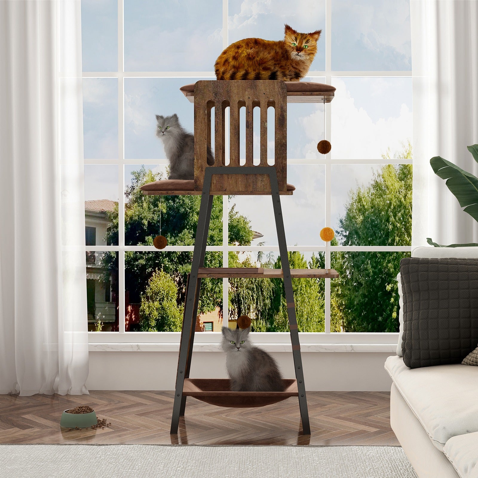 58" Heavy-Duty Modern Cat Tree — Large Perch & Metal Frame | KittyDine