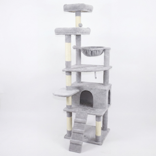 Sturdy cat tower with reinforced base and anti-toppling strap for safety.